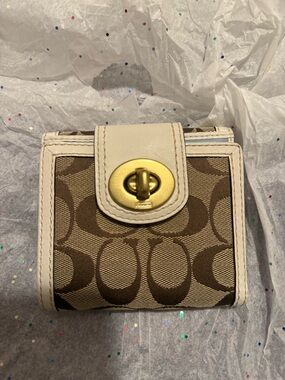 Coach Brown and Cream Signature Canvas Turnlock Wallet